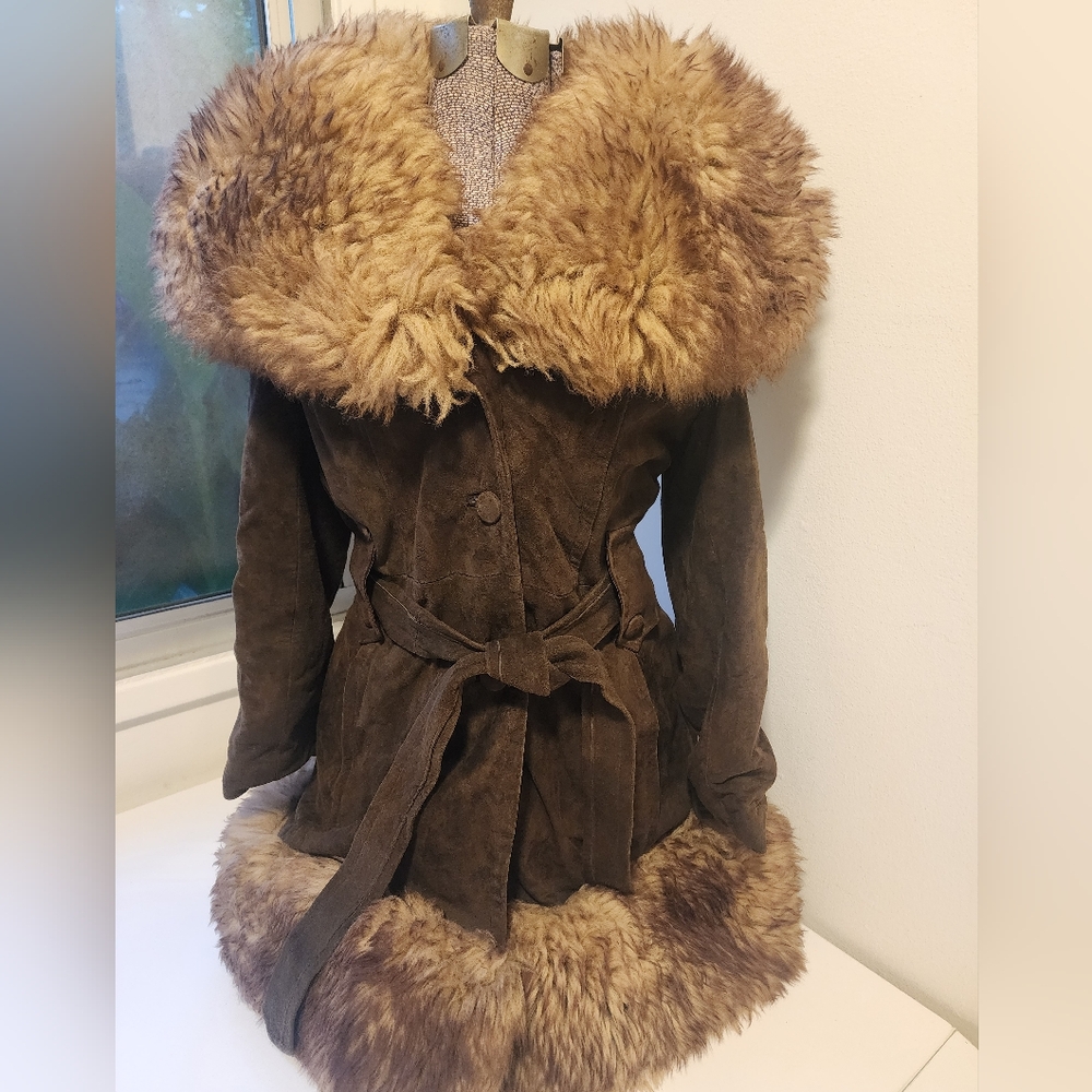 1970's suede trench coat with sheepskin collar and duster